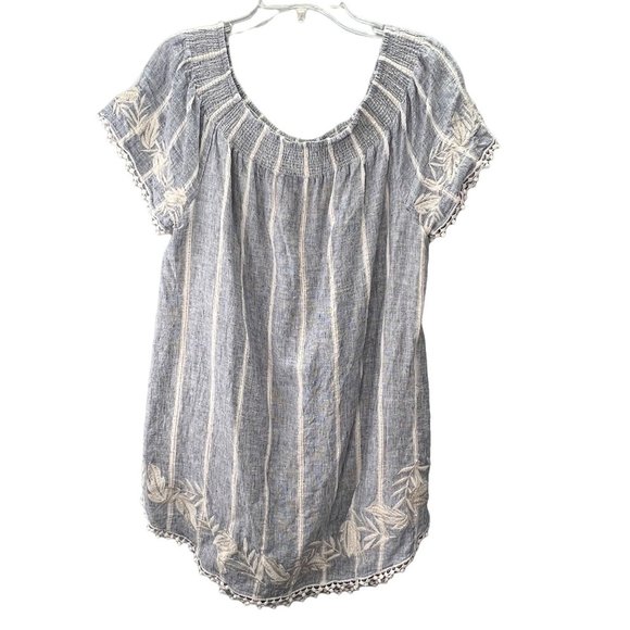 Merona Linen Blend Tunic Top sz L/XL Blue White Stripe Pom Crochet Trim Smocked - Picture 1 of 7
